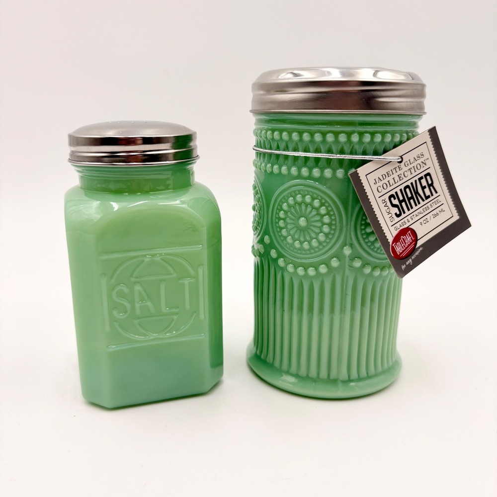 TableCraft Jadeite Glass Salt and Sugar Shaker Set Mint Green Milk Glass 2pc